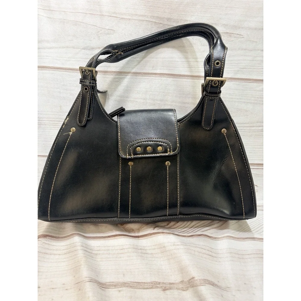 Vintage Y2K Emilie M Black Faux Leather Shoulder Bag Satchel Buckle Studded